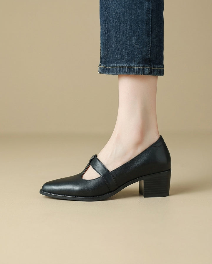 Product image for 2026New Retro Pointed-Toe Flats Spring and Autumn Chunky Heel Leather Shoes Versatile T-Strap Shoes Ultra-Soft Leather Mid Heels