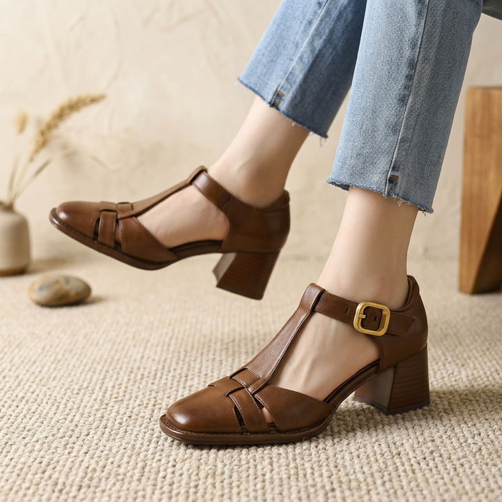 Product image for 2025 New Fashion Classics Genuine Leather Sandals Woman Thick High Heels Sandals Office Ladies Dress Summer Shoes Heels Women
