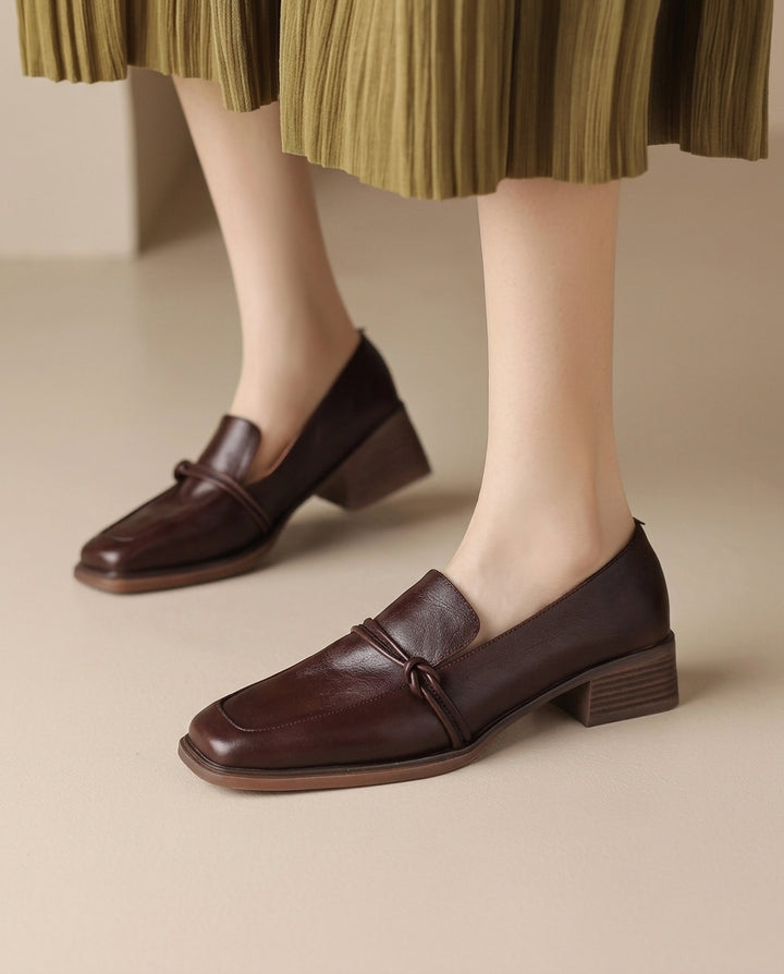 Product image for Classic Loafers Women Genuine Cow Leather Square Toe Pumps Slip-on Retro Lady Casual Cozy Shoes Handmade Size 40