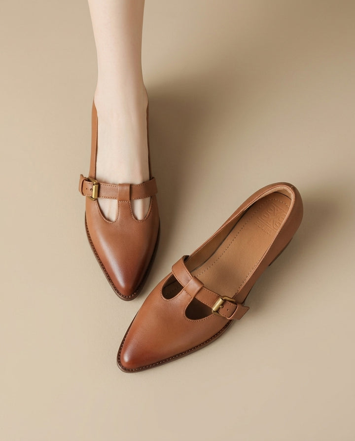 Product image for 2026New Retro Pointed-Toe Flats Spring and Autumn Chunky Heel Leather Shoes Versatile T-Strap Shoes Ultra-Soft Leather Mid Heels