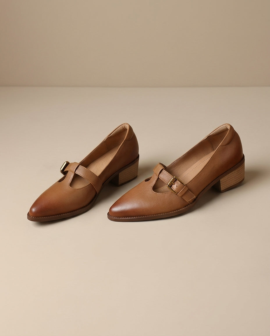 Product image for 2026New Retro Pointed-Toe Flats Spring and Autumn Chunky Heel Leather Shoes Versatile T-Strap Shoes Ultra-Soft Leather Mid Heels