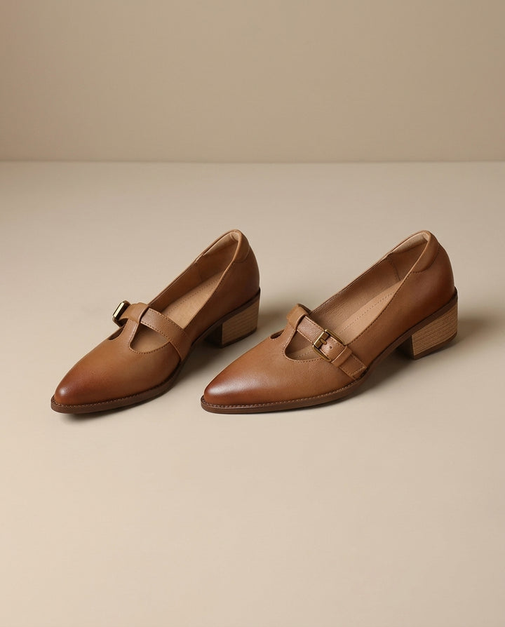 Product image for 2026New Retro Pointed-Toe Flats Spring and Autumn Chunky Heel Leather Shoes Versatile T-Strap Shoes Ultra-Soft Leather Mid Heels