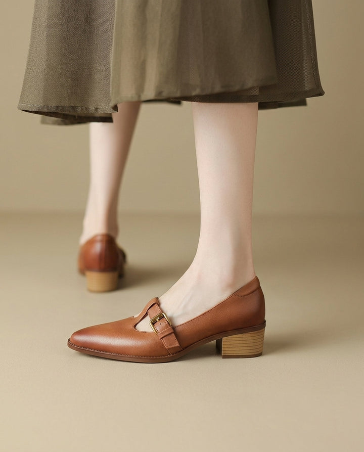 Product image for 2026New Retro Pointed-Toe Flats Spring and Autumn Chunky Heel Leather Shoes Versatile T-Strap Shoes Ultra-Soft Leather Mid Heels