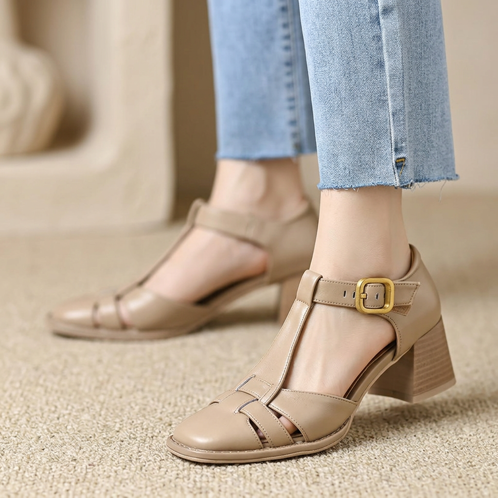 Product image for 2025 New Fashion Classics Genuine Leather Sandals Woman Thick High Heels Sandals Office Ladies Dress Summer Shoes Heels Women