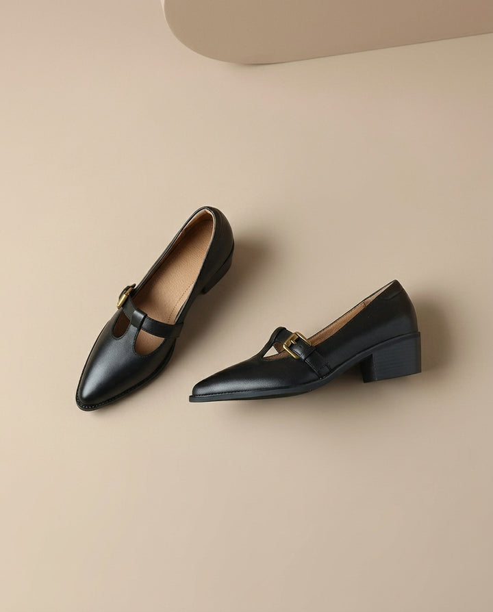 Product image for 2026New Retro Pointed-Toe Flats Spring and Autumn Chunky Heel Leather Shoes Versatile T-Strap Shoes Ultra-Soft Leather Mid Heels