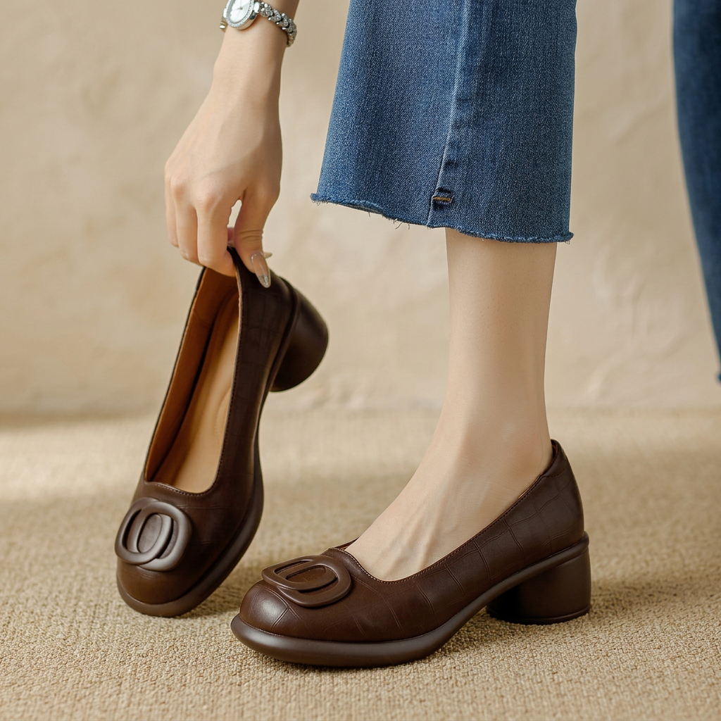 Product image for 2025 Hot Seller Retro Spring  Autumn Fashion Trend Round Head Soft Bottom Thick Heel Women Soft Bottom Single Shoes Comfortable