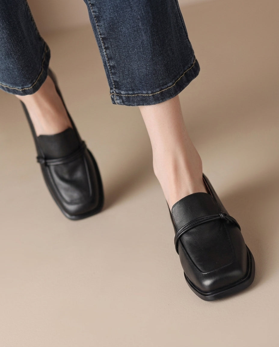 Product image for Classic Loafers Women Genuine Cow Leather Square Toe Pumps Slip-on Retro Lady Casual Cozy Shoes Handmade Size 40