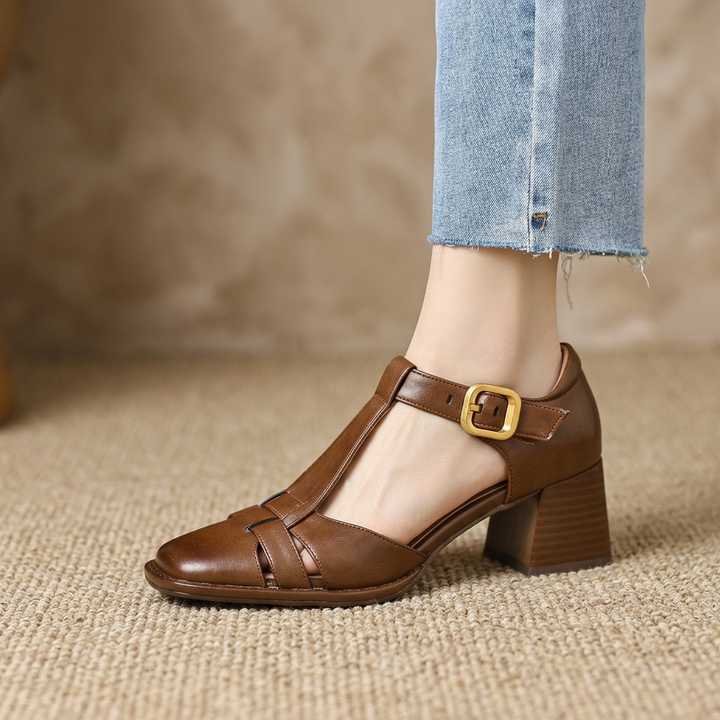 Product image for 2025 New Fashion Classics Genuine Leather Sandals Woman Thick High Heels Sandals Office Ladies Dress Summer Shoes Heels Women