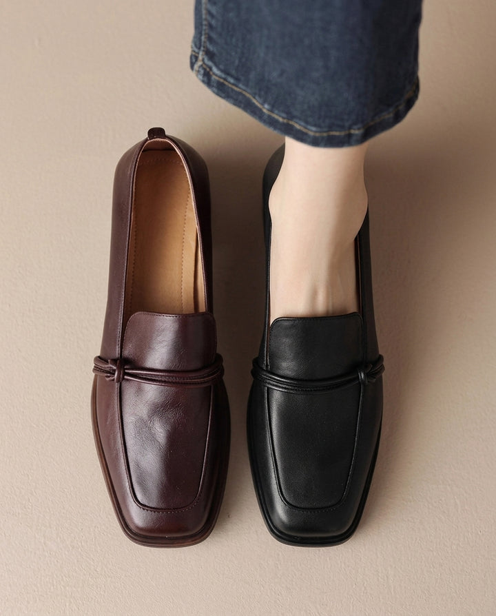 Product image for Classic Loafers Women Genuine Cow Leather Square Toe Pumps Slip-on Retro Lady Casual Cozy Shoes Handmade Size 40