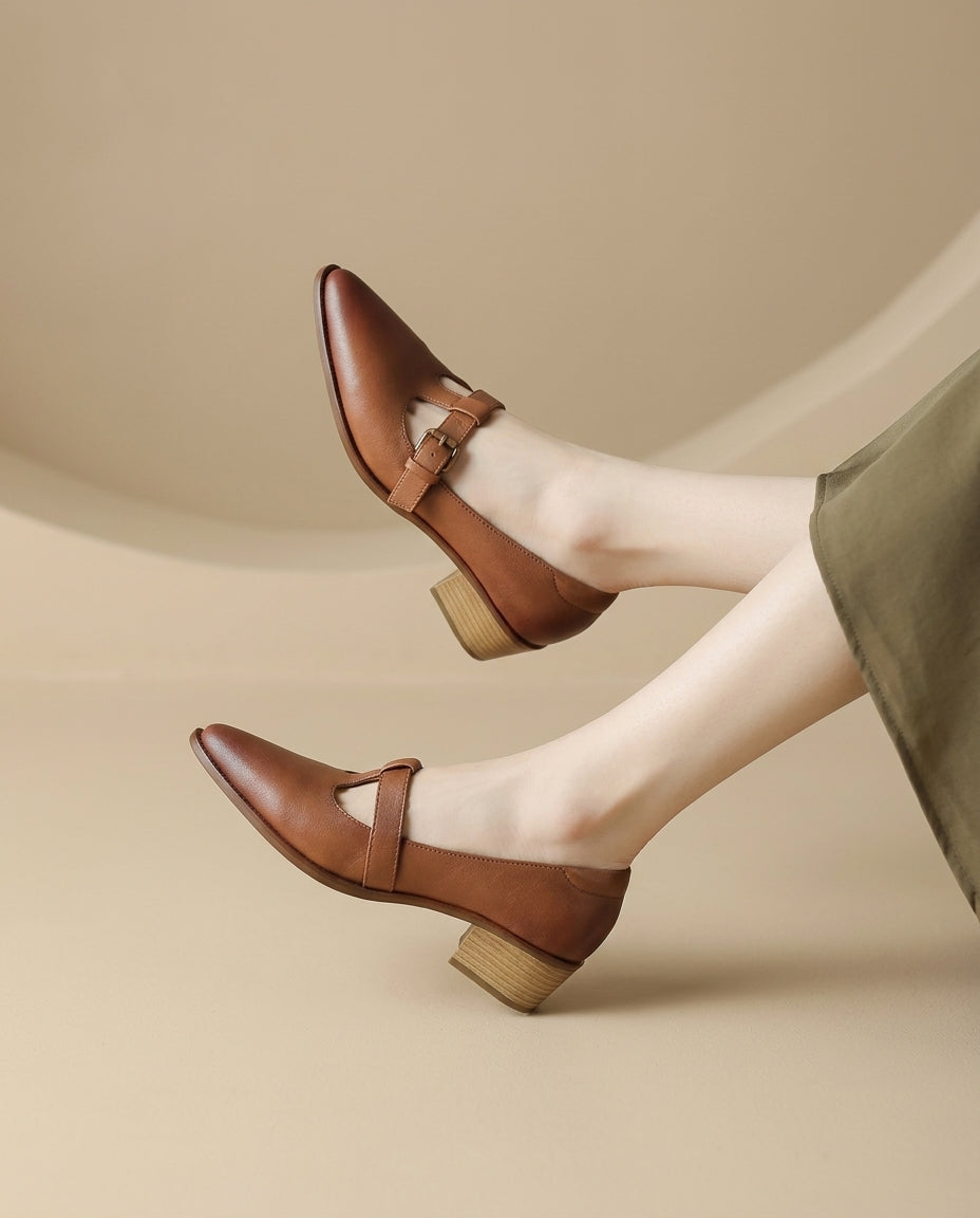 Product image for 2026New Retro Pointed-Toe Flats Spring and Autumn Chunky Heel Leather Shoes Versatile T-Strap Shoes Ultra-Soft Leather Mid Heels