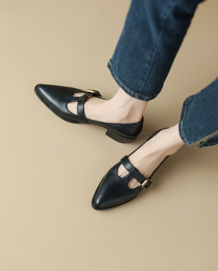 Product image for 2026New Retro Pointed-Toe Flats Spring and Autumn Chunky Heel Leather Shoes Versatile T-Strap Shoes Ultra-Soft Leather Mid Heels