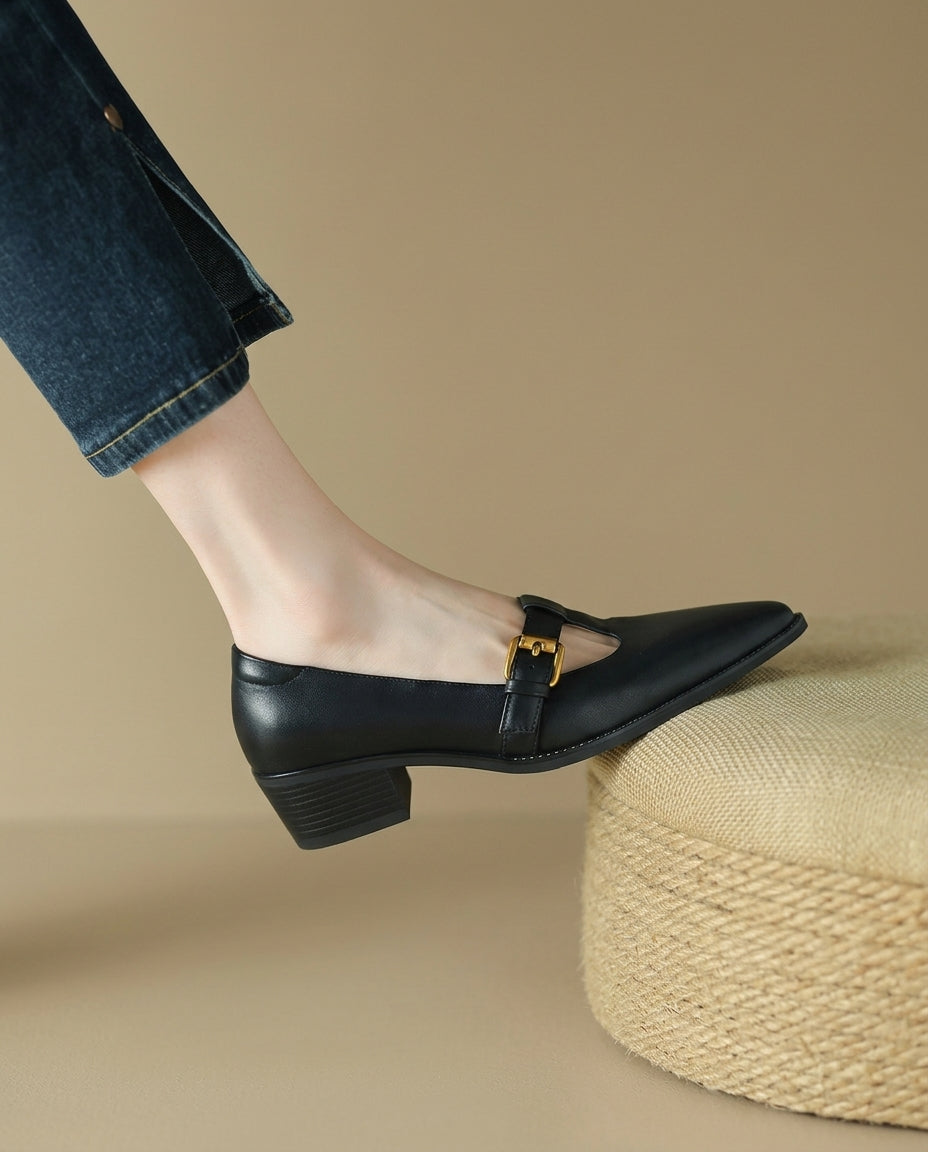 Product image for 2026New Retro Pointed-Toe Flats Spring and Autumn Chunky Heel Leather Shoes Versatile T-Strap Shoes Ultra-Soft Leather Mid Heels