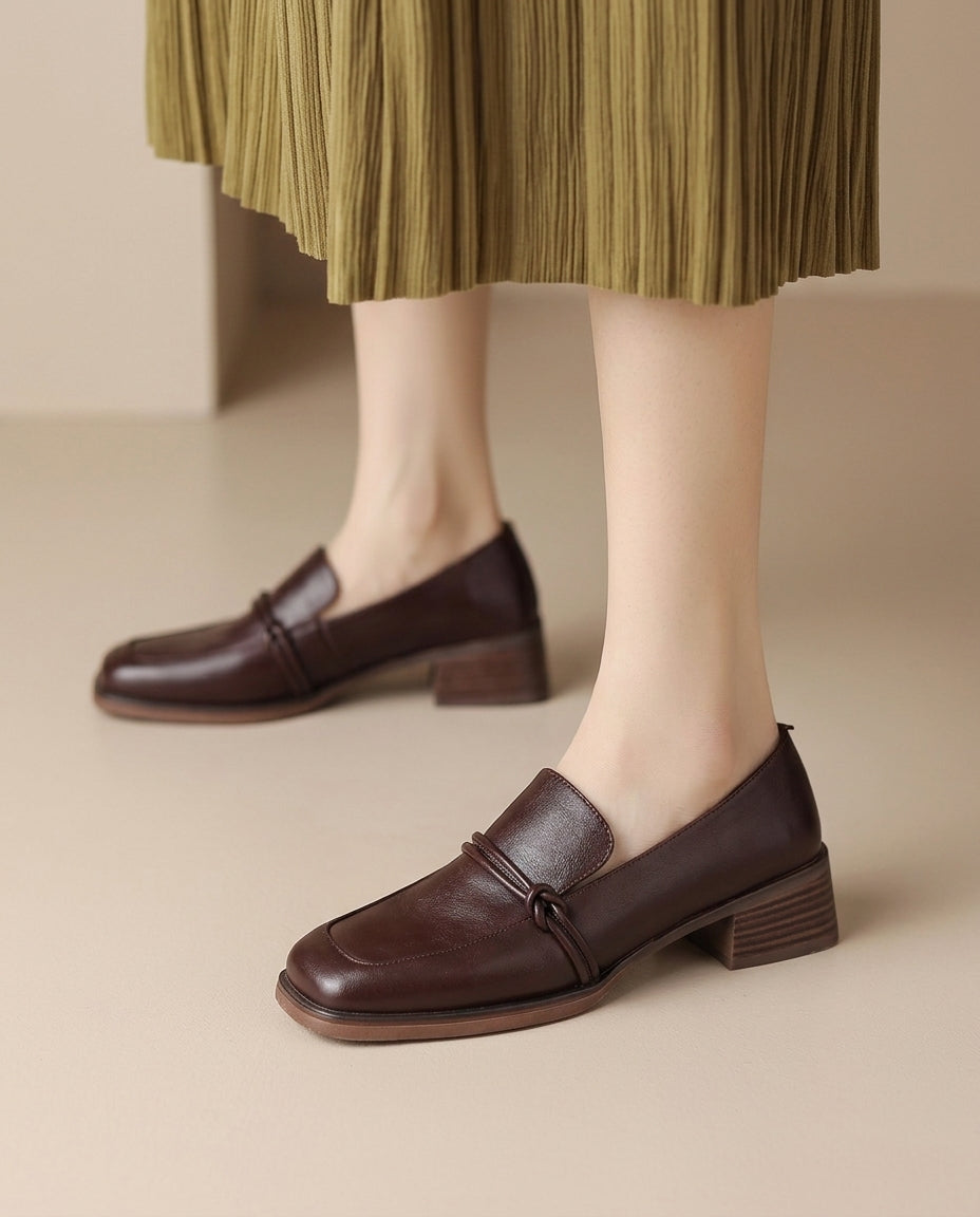 Product image for Classic Loafers Women Genuine Cow Leather Square Toe Pumps Slip-on Retro Lady Casual Cozy Shoes Handmade Size 40