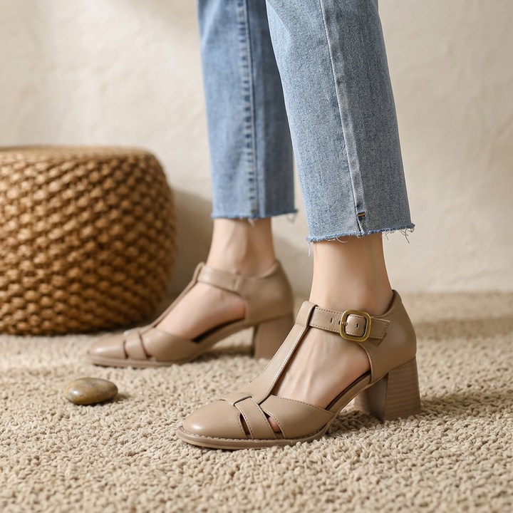 Product image for 2025 New Fashion Classics Genuine Leather Sandals Woman Thick High Heels Sandals Office Ladies Dress Summer Shoes Heels Women